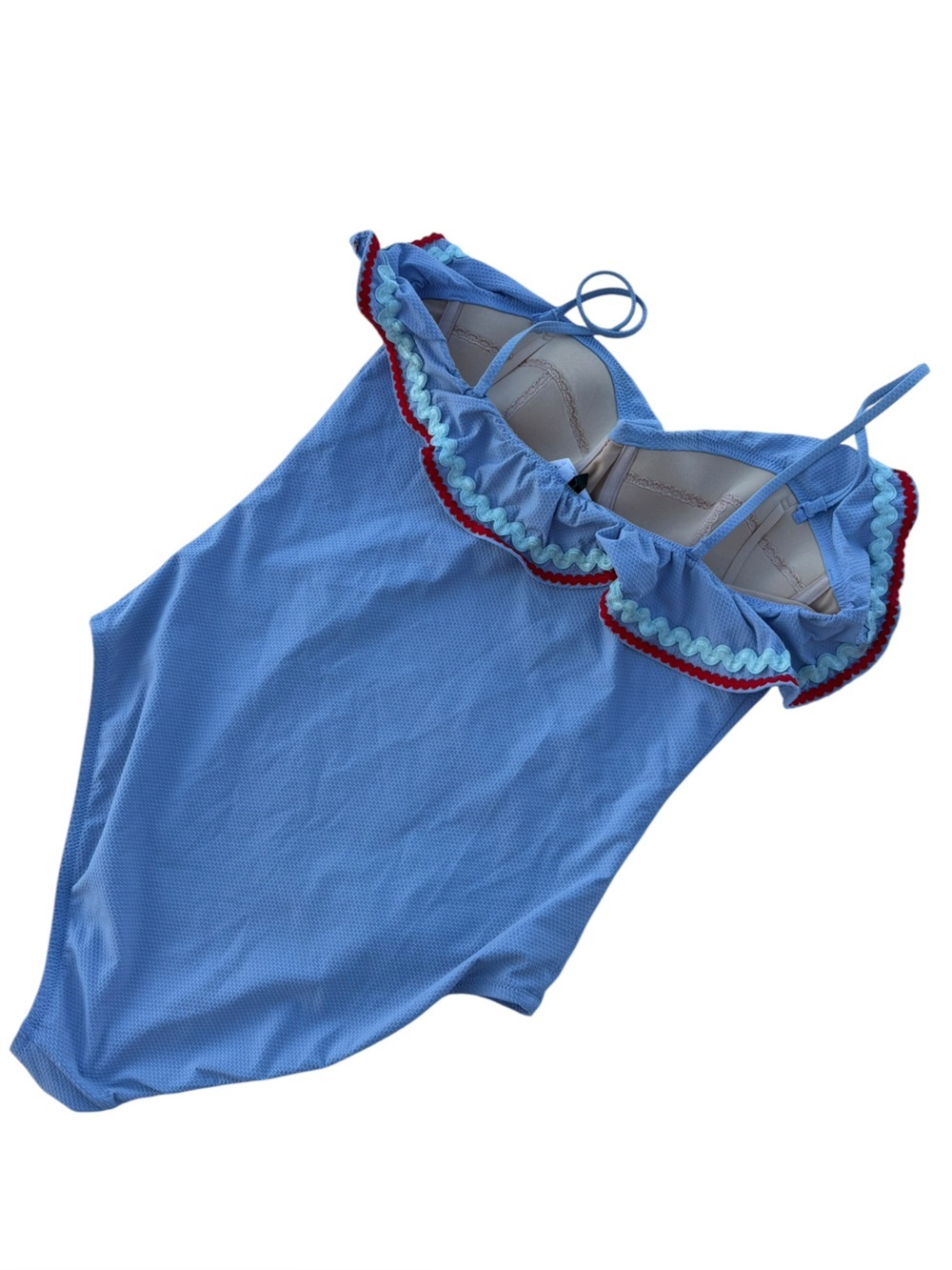 J.Crew Ruffle One Piece Swimsuit Size 8 Blue Ric Rac Trim Underwire - Picture 4 of 13